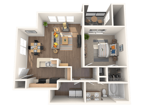 Floor plan for 1 bed, 1 bath, 842 sqft